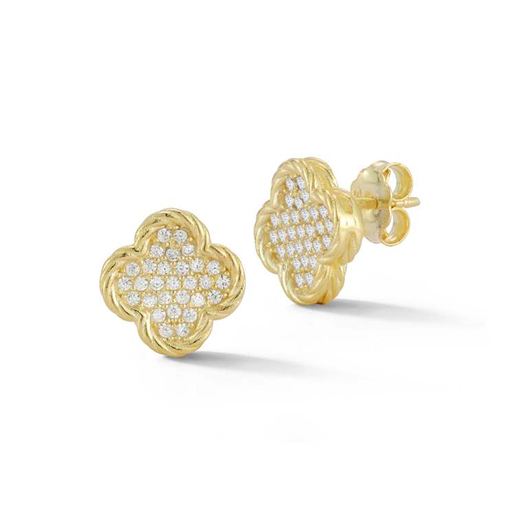 Sterling Statements 14K Yellow Gold Over Sterling Silver Pave Clover Studs