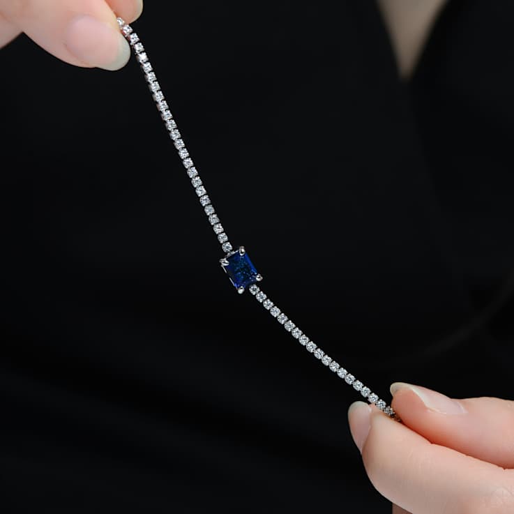 Sapphire Color CZ Station Bracelet In Sterling Silver