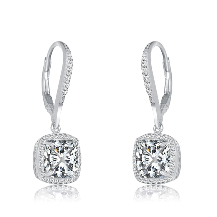 CZ Halo Square Drop Earrings In Sterling Silver