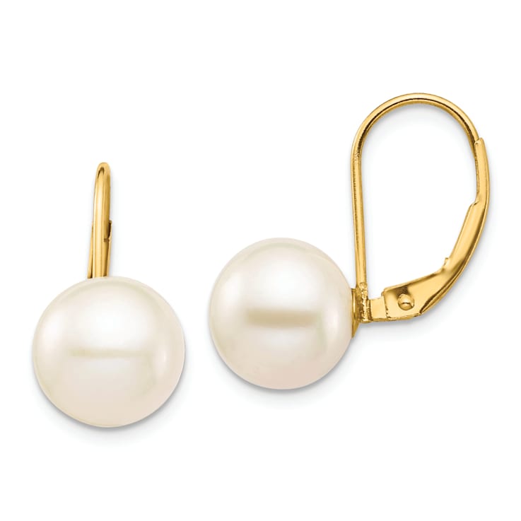 14K Yellow Gold 9-10mm White Round Freshwater Cultured Pearl Leverback Earrings