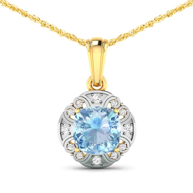 1.48ctw 14K Yellow Gold Aquamarine and White Diamond Pendant with 18
inch Cable Chain
