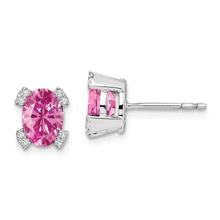 Rhodium Over 14K White Gold Oval Lab Created Pink Sapphire and Diamond Earrings