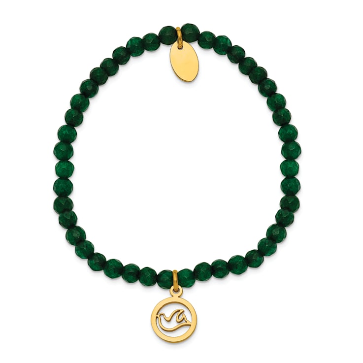 Yellow Stainless Steel Polished Dove Green Jade Beaded Stretch Bracelet