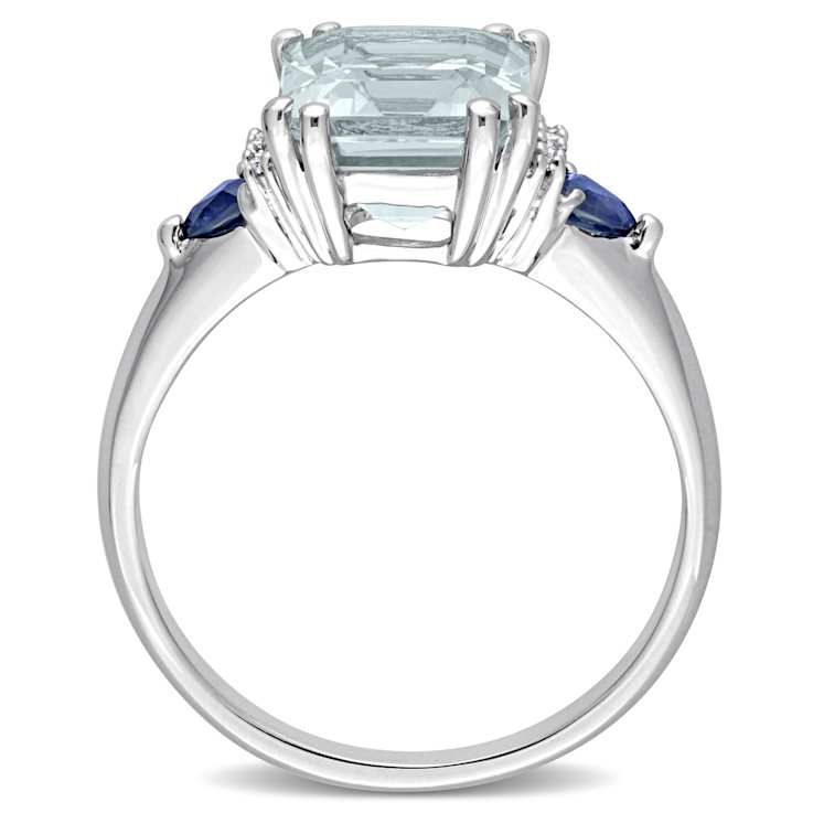 Aquamarine, Blue Sapphire and Diamond 14K White Gold 3-Stone Ring 3.19ctw