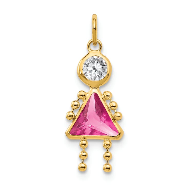 10k Yellow Gold Pink Tourmaline Simulant October Birthstone and Clear
Cubic Zirconia Girl Charm