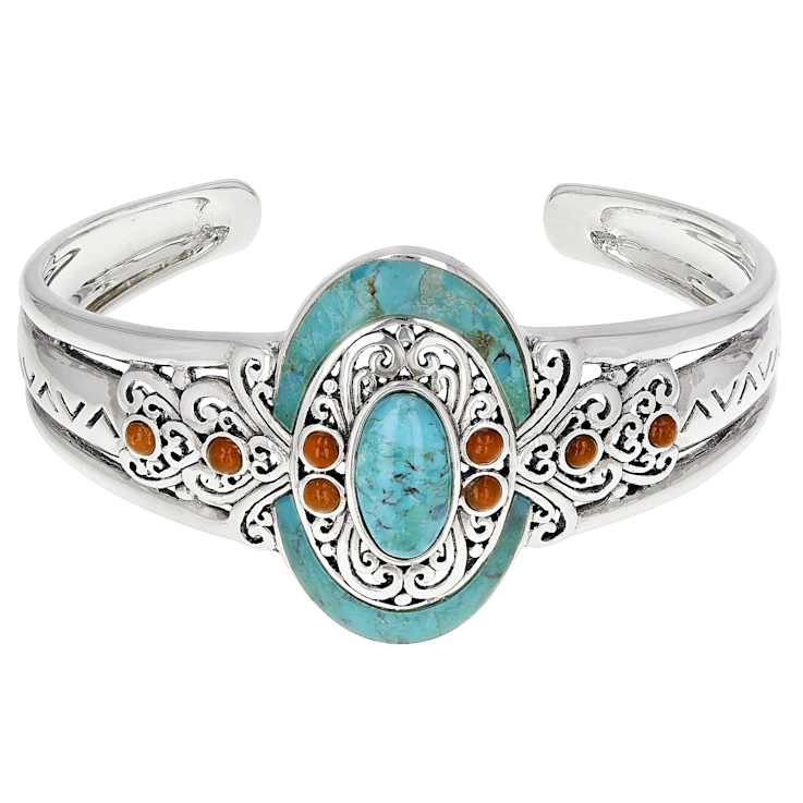 Turquoise And Coral Oxidized Cuff Bracelet In Sterling Silver 16x8mm