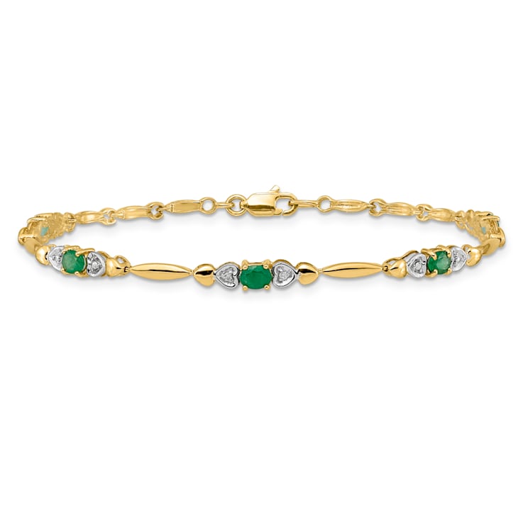 14k Yellow Gold and Rhodium Over 14k Yellow Gold Diamond and Emerald Bracelet