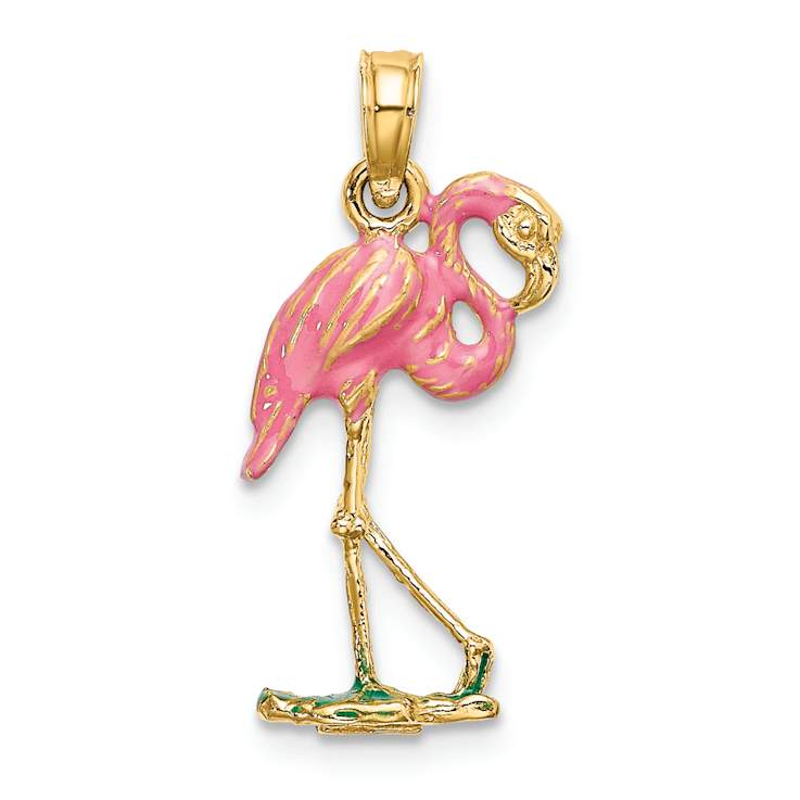 10K Yellow Gold 3D Pink Enameled Flamingo Charm