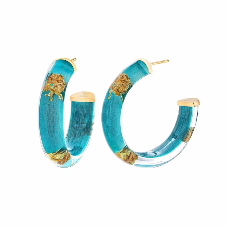 14K Yellow Gold Over Sterling Silver Small Gold Leaf Acrylic Hoops in Teal