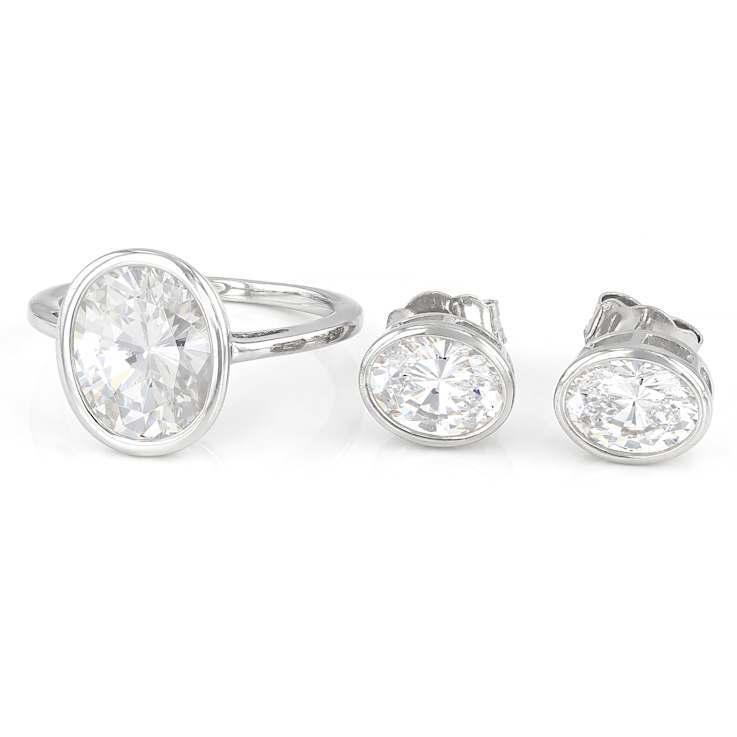 Bezel Set Oval CZ Ring And Earring Set In Platinum Over Sterling Silver