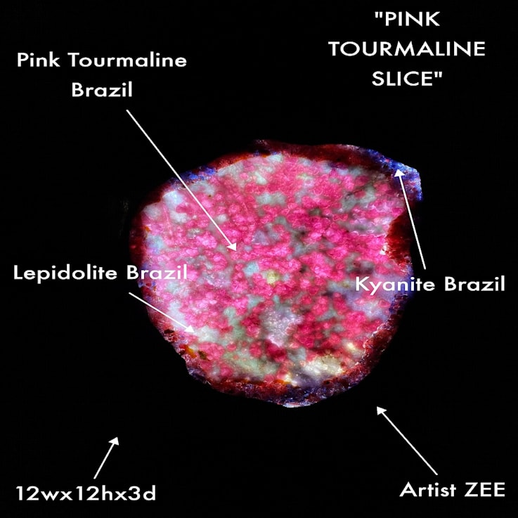 'Pink Tourmaline Slice' - Gemstone Art With Pink Tourmaline, Lepidolite,
and Kyanite