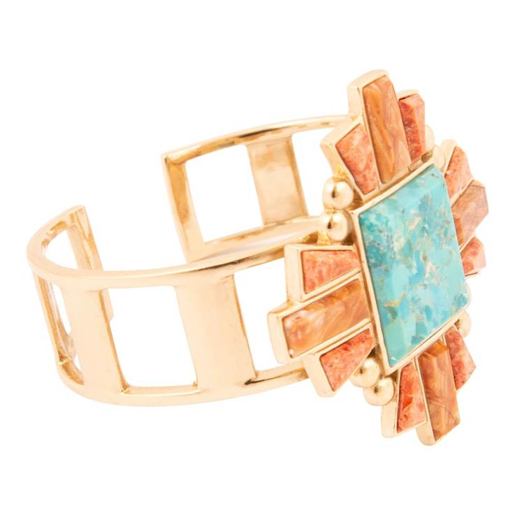 Barse Jewelry Composite Turquoise With Opal & Coral Gold Tone Santa
Fe Cross Cuff Bracelet