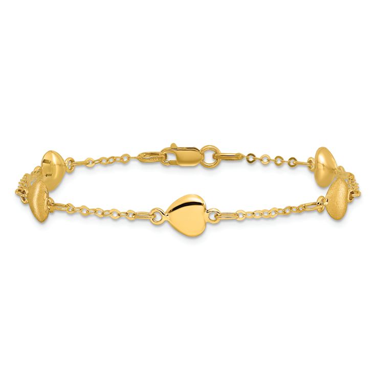 14k Yellow Gold Brushed and Polished Hearts Station Bracelet