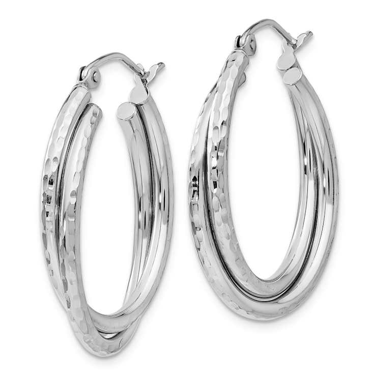 Rhodium Over 14k White Gold 11/16" Diamond-Cut Polished Oval Hoop Earrings