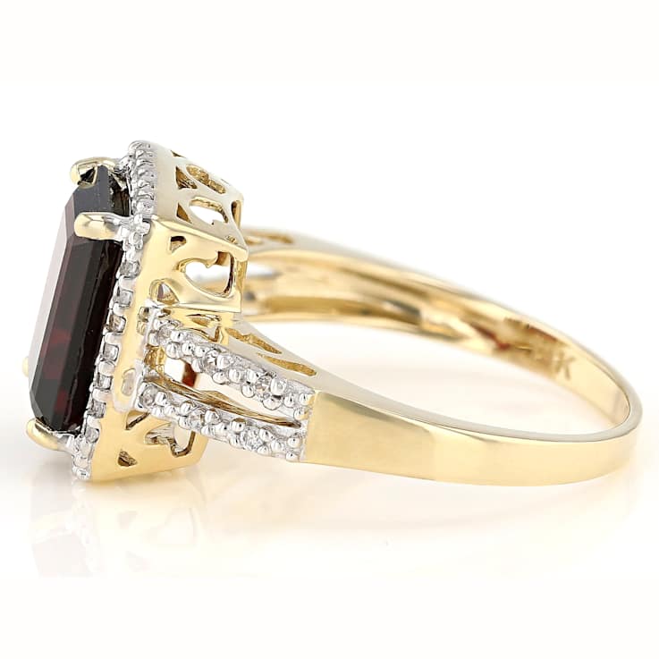 Garnet Emerald Cut And White Zircon Ring In Solid 14K Yellow Gold 3.67ctw