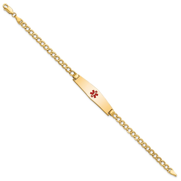 14k Yellow Gold Medical Soft Diamond Shape Red Enamel Curb Link ID Bracelet