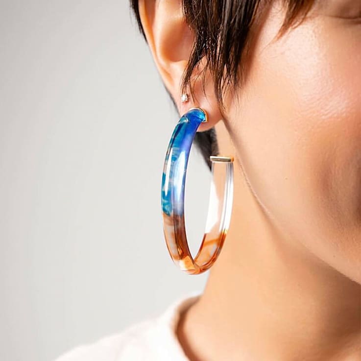 14K Yellow Gold Over Sterling Silver XL Oval Tie Dye Acrylic Hoop
Earrings in Blue and Orange