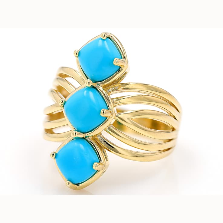Turquoise Three-Stone Ring In 18K Gold Over Sterling Silver