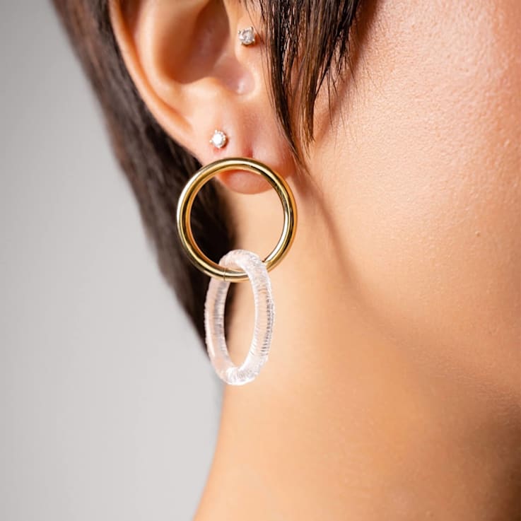 14K Yellow Gold Over Sterling Silver Acrylic Double Drop Earrings in Clear