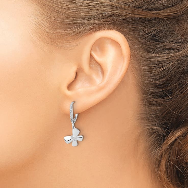 Rhodium Over 14K White Gold Diamond Butterfly Dangle Earrings