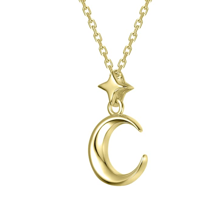 Celestial Crescent Moon And Star Drop Necklace In 14K Gold Over Brass