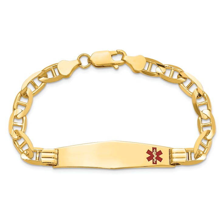 14k Yellow Gold Medical Soft Diamond Shape Red Enamel Mariner Link ID Bracelet