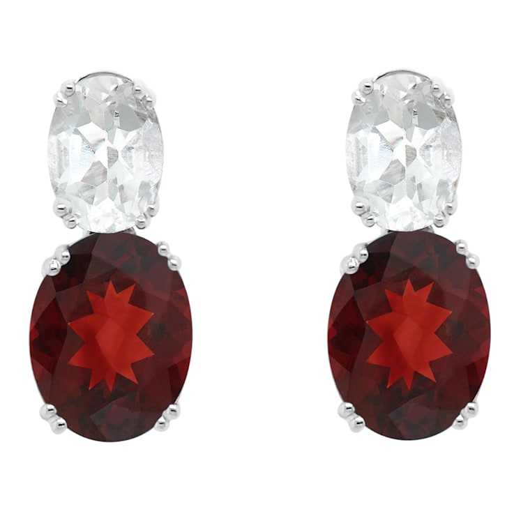 9x7mm Oval Garnet And White Topaz Rhodium Over Sterling Silver Earrings