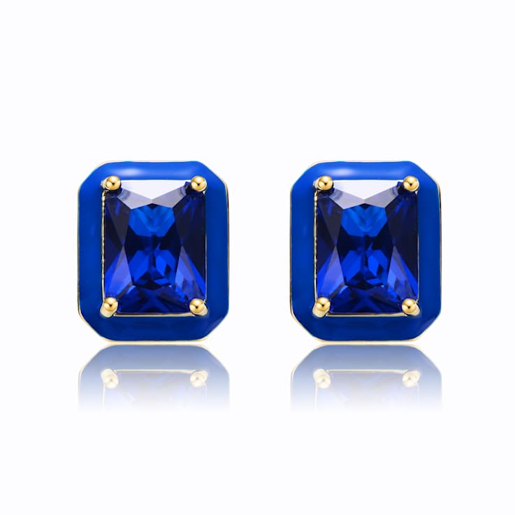 Sapphire Color CZ Radiant-Cut Stud Earrings In 14K Gold Over Brass