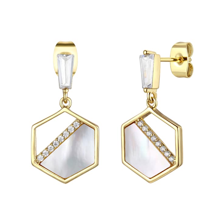 Pear Shape CZ And Mother Of Pearl Hexagon Drop Earrings In 14K Gold Over Brass
