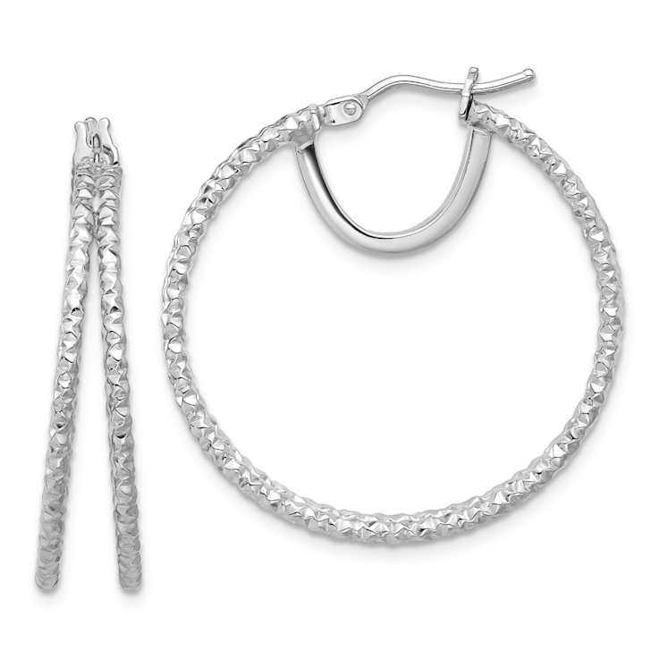 Rhodium Over 14k White Gold 1 3/16" Polished and Textured Double
Circle Hoop Earrings
