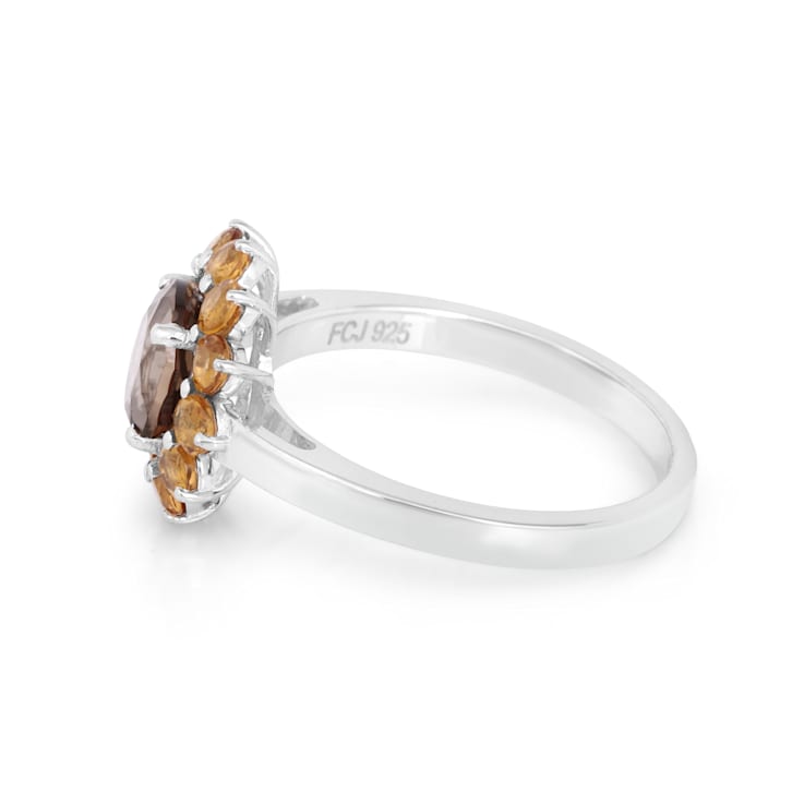 Brown Smoky Quartz and Citrine Rhodium Over Sterling Silver Flower
Design Ring