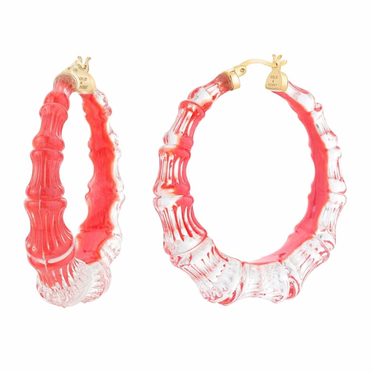 14K Yellow Gold Over Sterling Silver Acrylic and Enamel Bamboo Illusion
Hoops in Watermelon