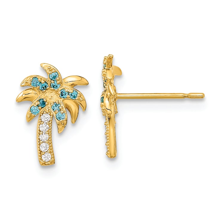14k Yellow Gold Textured Blue and Clear Cubic Zirconia Palm Tree Stud Earrings
