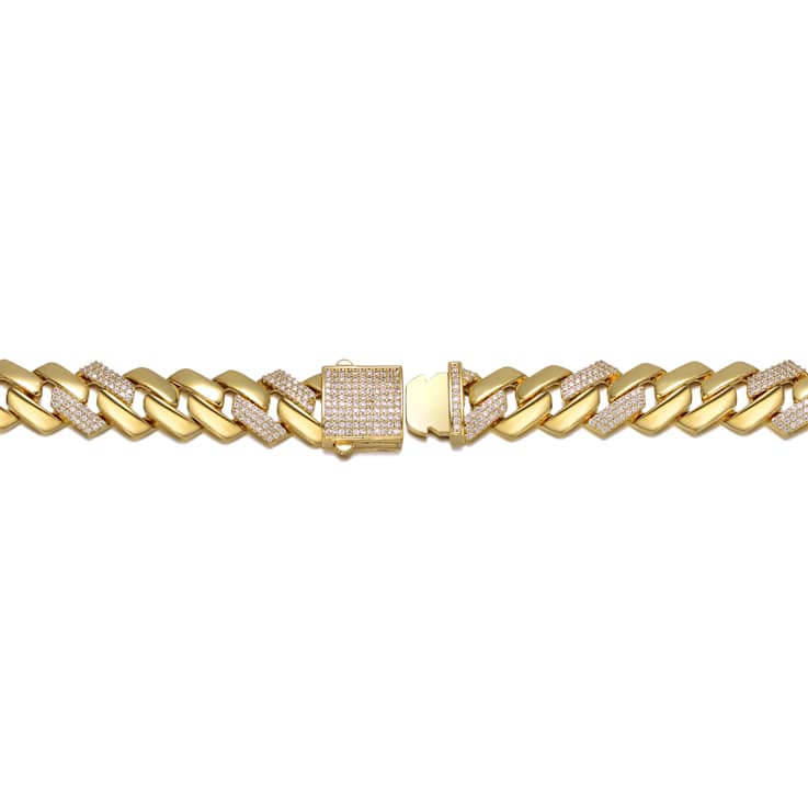 Pave CZ Miami Cuban Curb Link Bracelet In 14K Gold Over Brass