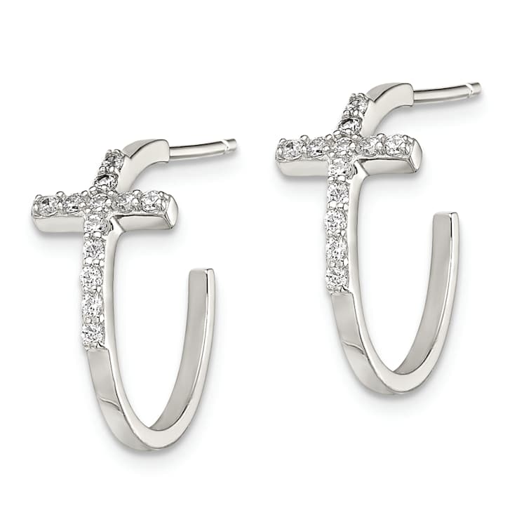 Rhodium Over Sterling Silver Cubic Zirconia Cross Hoop Earrings