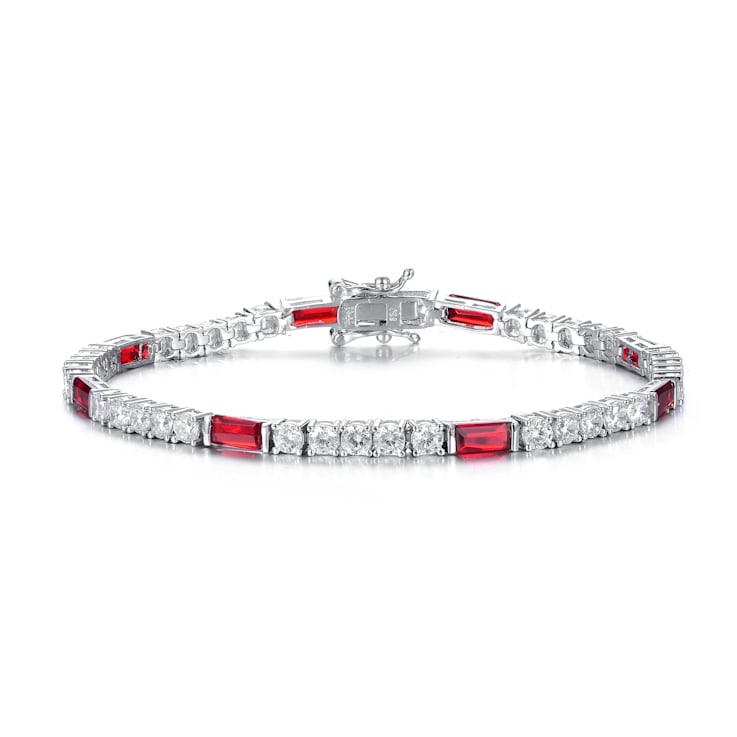 Ruby Color CZ And White CZ Tennis Bracelet In Sterling Silver