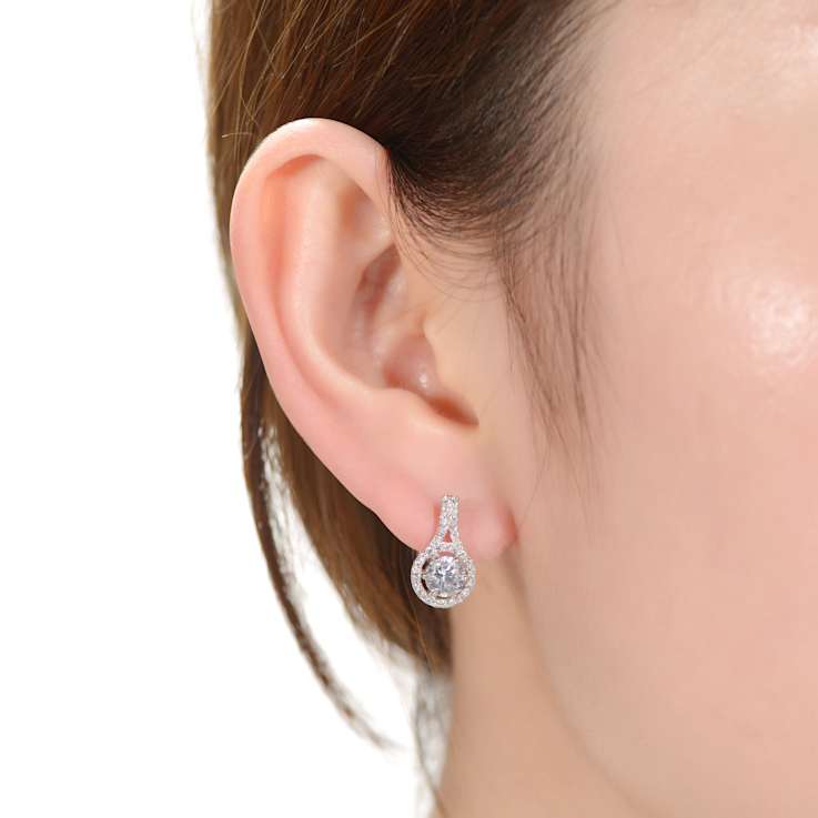 CZ Halo Drop Earrings In Rhodium Over Brass