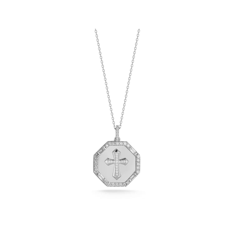 Sterling Statements Rhodium Over Sterling Silver CZ Octagon Cross Necklace