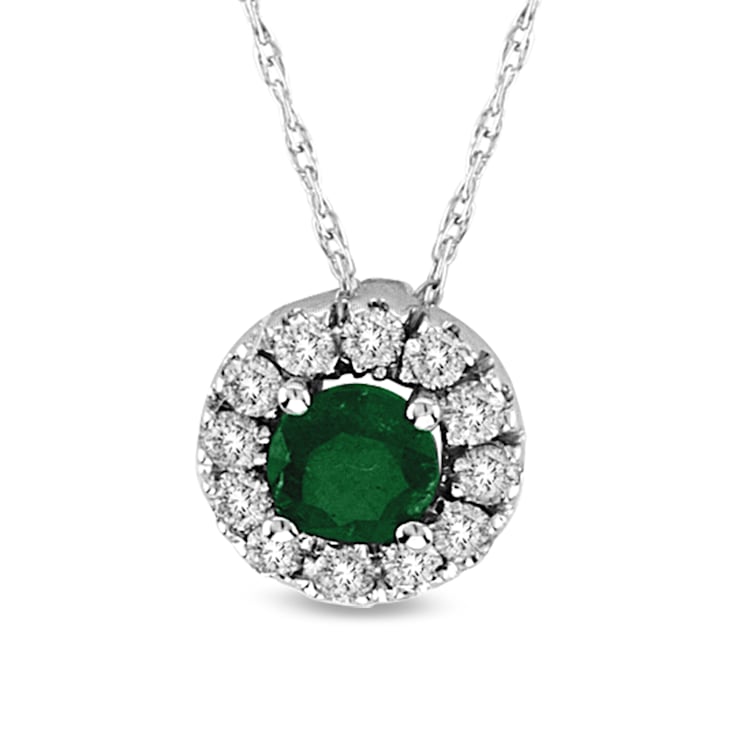 0.46ctw Emerald and Diamond Halo Pendant 14k White Gold