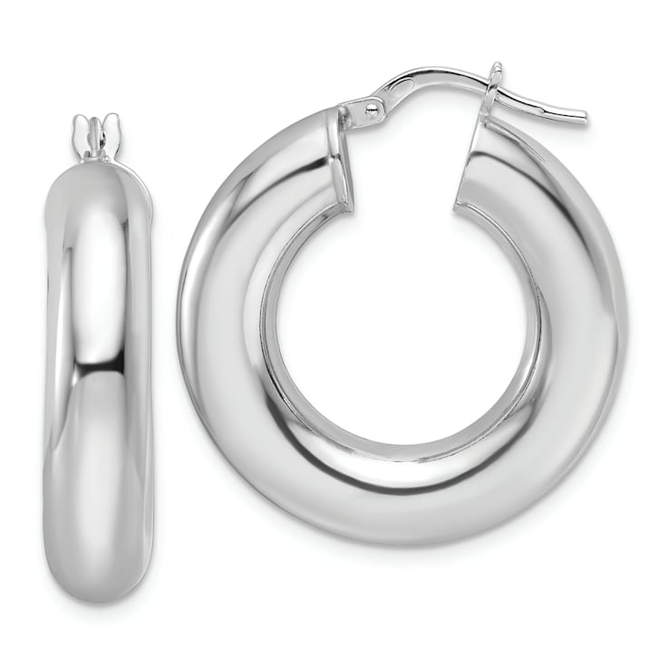 Rhodium Over Sterling Silver Polished 6mm Hollow Tube Hoop Earrings