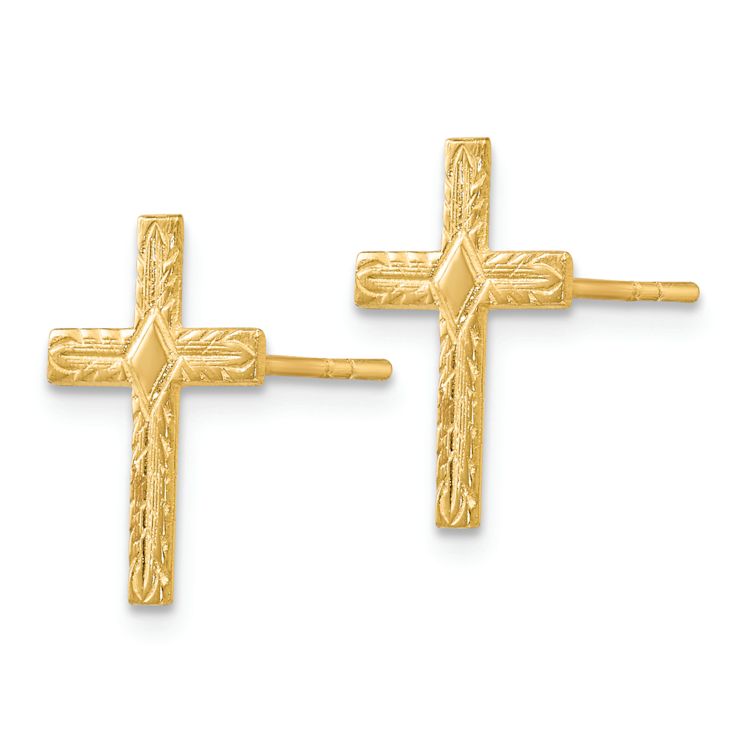 14k Yellow Gold Polished and Textured Cross Stud Earrings