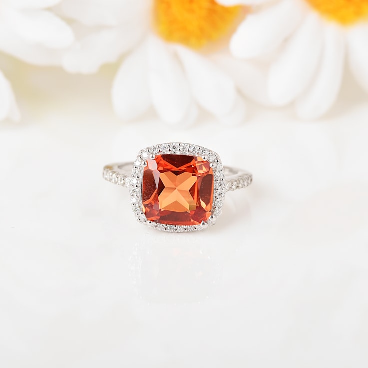 Peach Orange Lab Created Padparadscha Sapphire Rhodium Over Sterling
Silver Cushion Cut Halo Ring