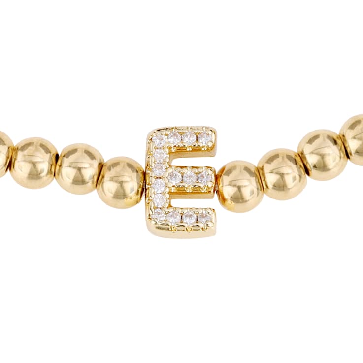 Initial E CZ Beaded Bracelet Set In 14K Gold Over Brass 0.15ctw