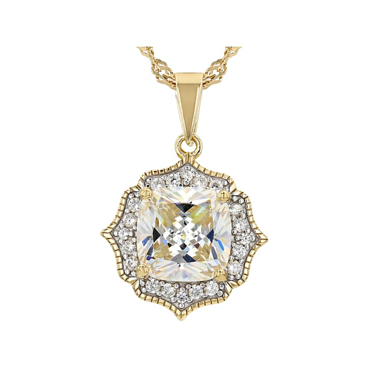 Diamond Simulant Square Cushion And White Zircon Pendant Necklace In 18K
Gold Over Sterling Silver 3.18ctw