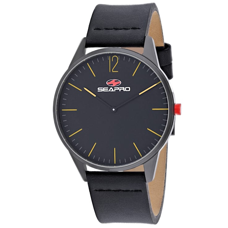Seapro Men's Black hole Black Dial, Gunmetal Bezel, Black Leather Strap Watch