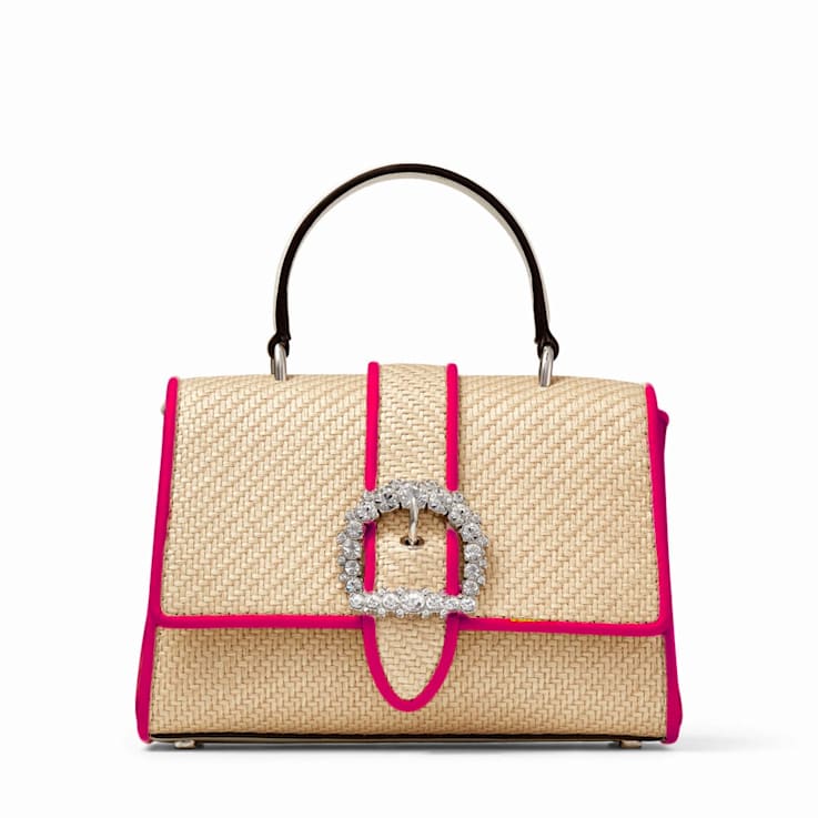 Jimmy Choo Cheri Crystal Medium Top Handle Bag Raffia Pink
