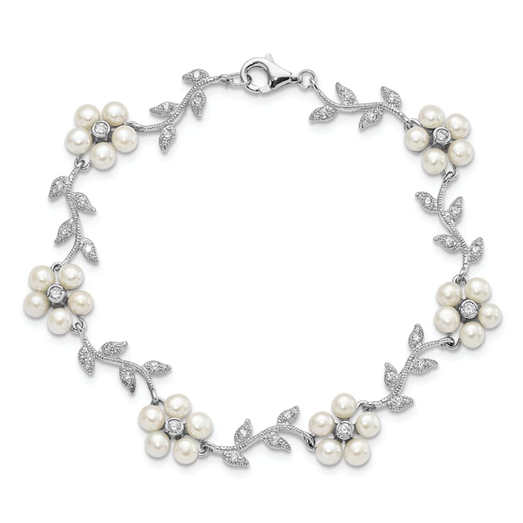 Rhodium Over Sterling Silver Freshwater Cultured Pearl and Cubic
Zirconia Floral Bracelet