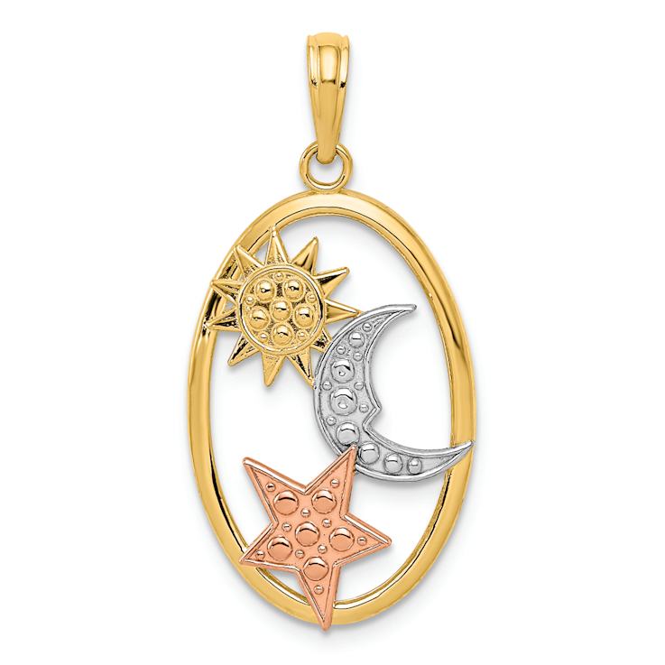 14K Tri-color Gold Textured Sun, Moon and Star Oval Pendant