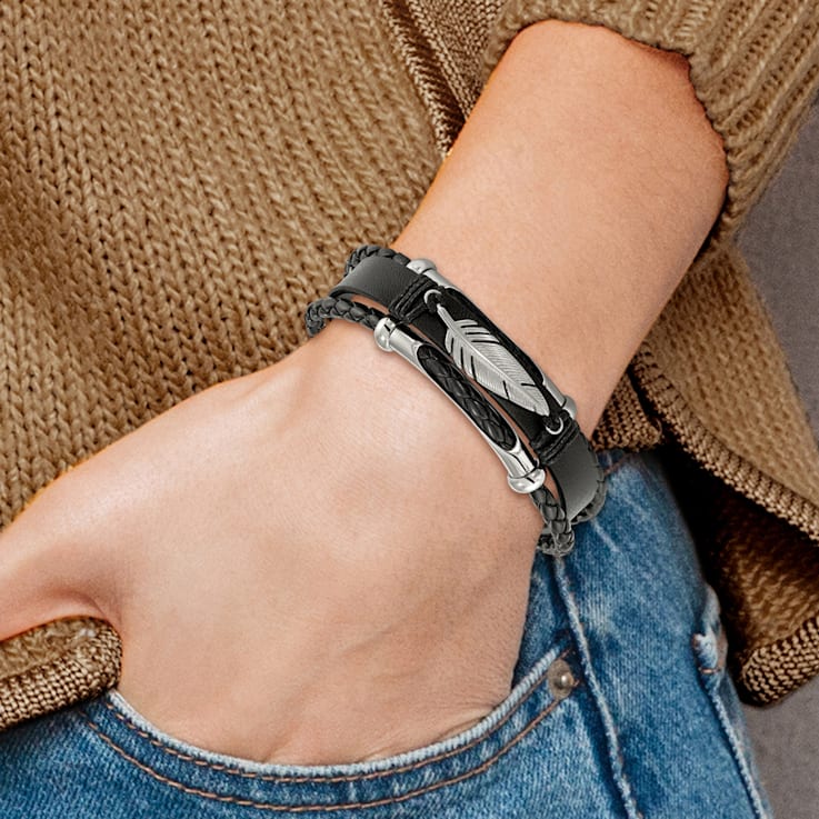 Black Leather and Stainless Steel Polished Feather Multi-Strand
8.25-inch Bracelet