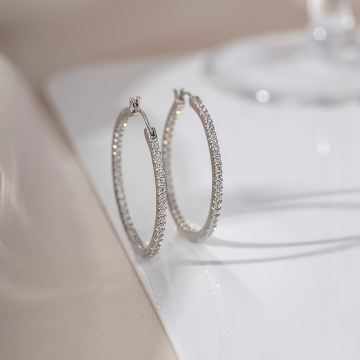 White Cubic Zirconia Platinum Over Sterling Silver Hoops 1.32ctw